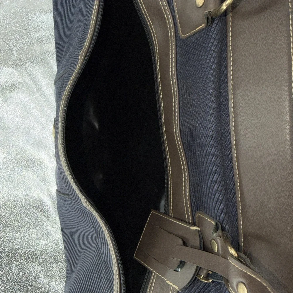 Vintage JG Hook Weekender Travel Bag Duffle Navy Blue Striped Canvas Preppy 90s